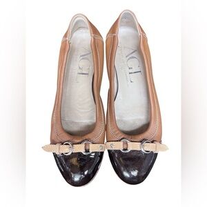 AGL Tan Brown Horse Bit Buckle Ballet Flats Leather Sole Size 37 Made in Italy